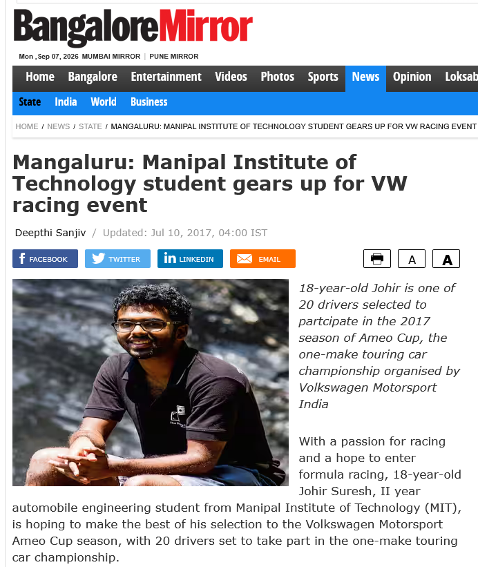 Johir Suresh featured in Bangalore Mirror's Volkswagen Ameo Cup article